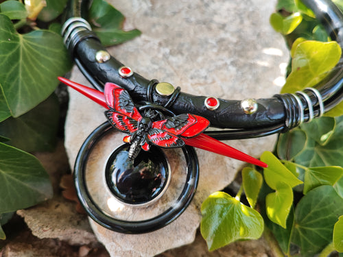 Black Onyx & red Butterfly Necklace